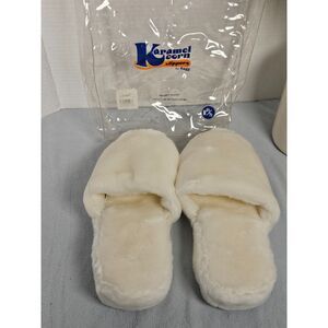 Vintage Karamel Corn Fluffy Slippers White Faux Fur House Shoes Medium NIP